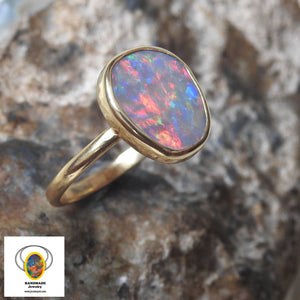 Lightning Ridge Solid Natural Opal Ring with Multi-Color