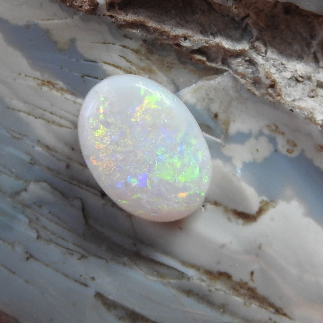 Custom Made Silver Ring with Australian Coober Pedy White Opal Multi-Color
