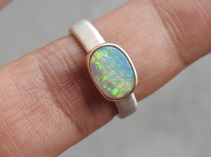 Lightning Ridge Natural Solid Opal with Multi Color Gold Sterling Ring.