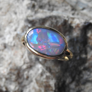 Solid Lightning Ridge Opal Ring with Multi-Color