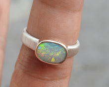 Load image into Gallery viewer, Lightning Ridge Natural Solid Opal with Multi Color Gold Sterling Ring.