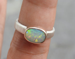 Lightning Ridge Natural Solid Opal with Multi Color Gold Sterling Ring.
