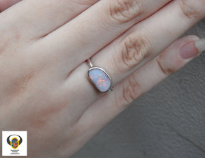 Lightning Ridge Solid White Opal Silver Ring with Multi-Color
