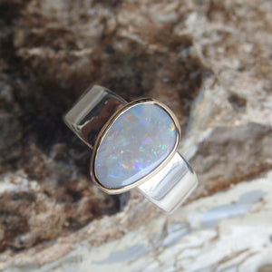 Solid Lightning Ridge Natural Multi-Color Opal Ring